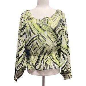 Y2K Top Size Large Flared Sleeves Green Black Sheer Boho Artsy 70s Smocked